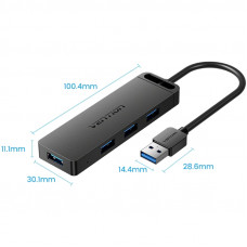 Хаб USB 3.0 -> 4xUSB 3.0, 0.15м, з живленням Micro-USB,чорний Vention