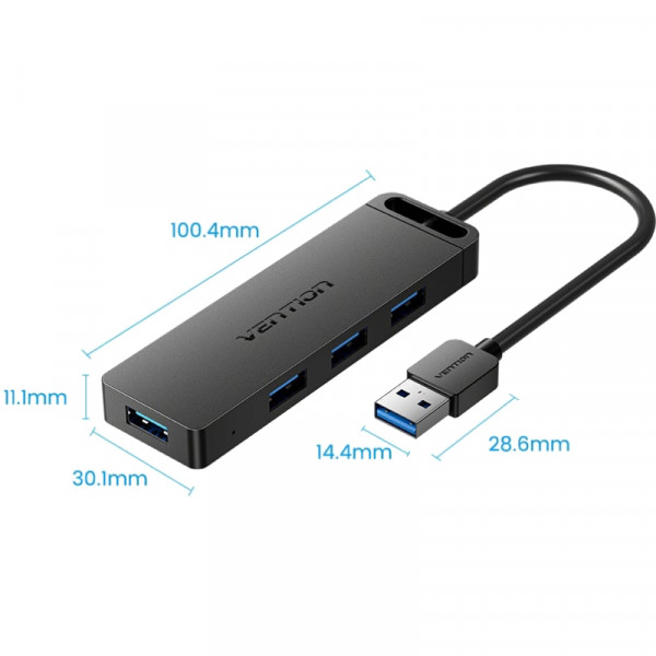 Хаб USB 3.0 -> 4xUSB 3.0, 0.15м, з живленням Micro-USB,чорний Vention