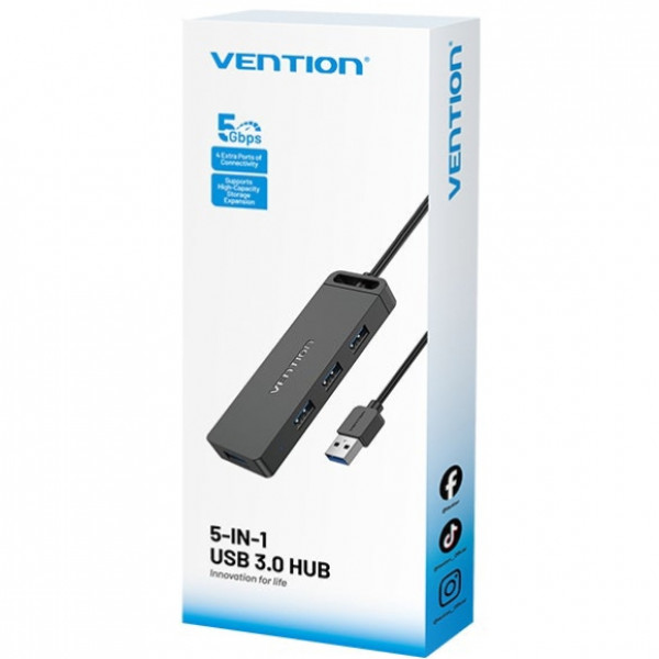 Хаб USB 3.0 -> 4xUSB 3.0, 0.15м, з живленням Micro-USB,чорний Vention