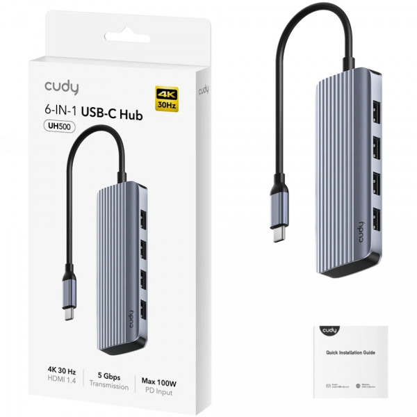 Хаб USB 3.0 Type-C -> 4xUSB-A, 1хUSB-C, 1xHDMI 4K@60 Hz, алюмінієвий корпус, Cudy