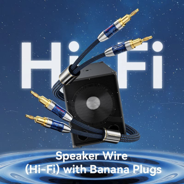 HiFi Audio Speaker Cable 5.0м,Banana 2xM/M,4N OFC Silver, Gold-Plated,TPE + обплетення,Vention