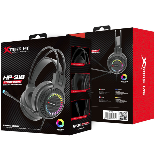 Ігрова гарнітура XTRIKE ME HP-318, USB+3.5мм, 7 режимів RGB, чорна