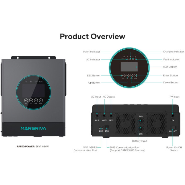 Інвертор Marsriva OFF-G 5.0 kW 230V RS232/RS485 CE PF1 VOL VM III 5,0 кВт TWIN-24 V, з Wi-Fi