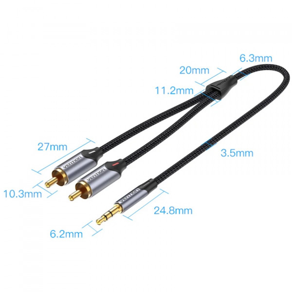 Кабель AUX Audio TRS - RCAx2 M/M 3.0м, Gold-Plated, Aluminum alloy, чорний, Vention