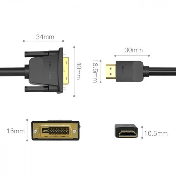 Кабель HDMI M - DVI (24+1 24+5), 5.0 м, PVC Vention