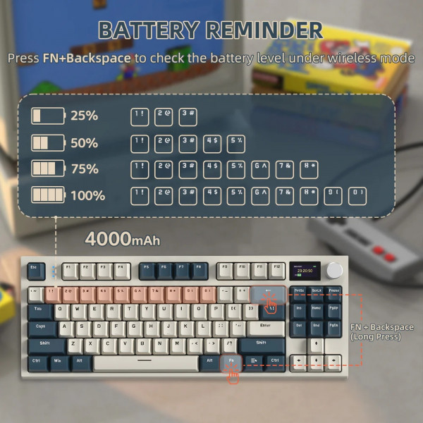 Клавіатура ігрова механічна Attack Shark K86 87кл.RGB, Wireless, TFT disp, Blue Whale Switch