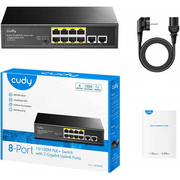 Комутатор Cudy FS1010PG, 8 портовий 10/100M PoE+ Switch with 2 Gigabit Uplink Ports 120W