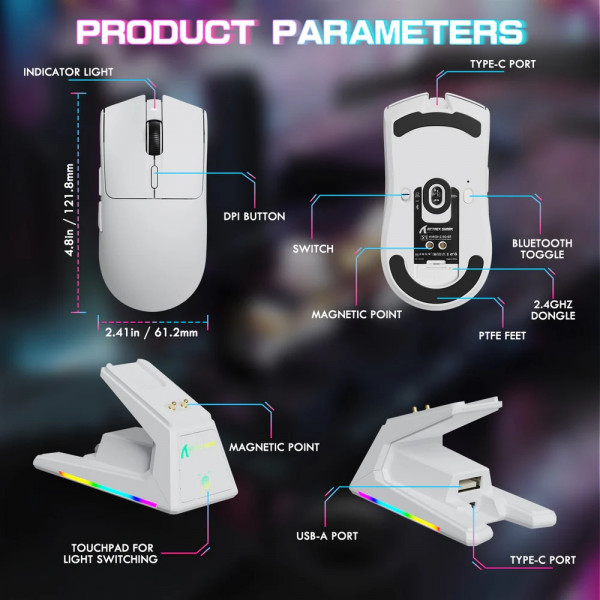 Мишка Attack Shark X1, Wireless/Bluetooth, 40000dpi. (PAW3395PRO), 6кн., White