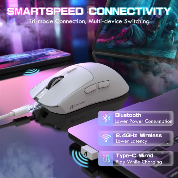 Мишка Attack Shark X1, Wireless/Bluetooth, 40000dpi. (PAW3395PRO), 6кн., White