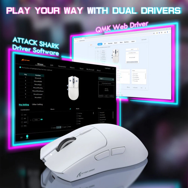 Мишка Attack Shark X1, Wireless/Bluetooth, 40000dpi. (PAW3395PRO), 6кн., White