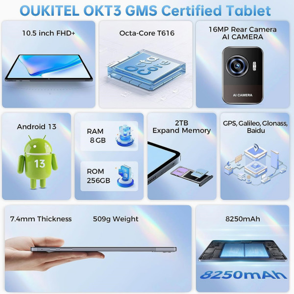 Планшет Oukitel OKT3 10.51" FHD /8GB/256GB/ T616 /8250mAh/ 16+8Мп /Dual SIM/ LTE /Чохол+Стилус/ Grey
