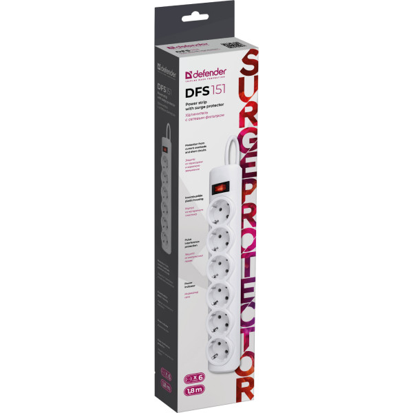 Power filtr 1,8м Defender DFS 151, 6 розеток, білий