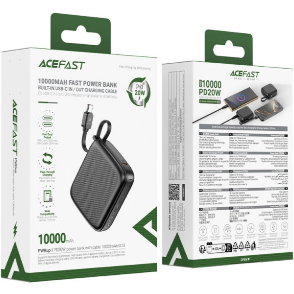 УМБ Acefast 10000mAh 20W PD,QC3.0 USB-C In/Out with build Type-C cable, M15 Black