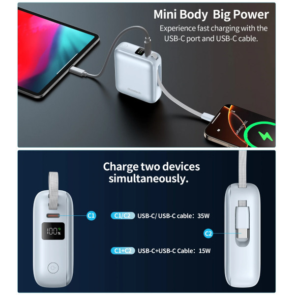 УМБ Choetech 10000mAh 35W PD3.0 USB-C In/Out, with buid-in type-C cabel голуба