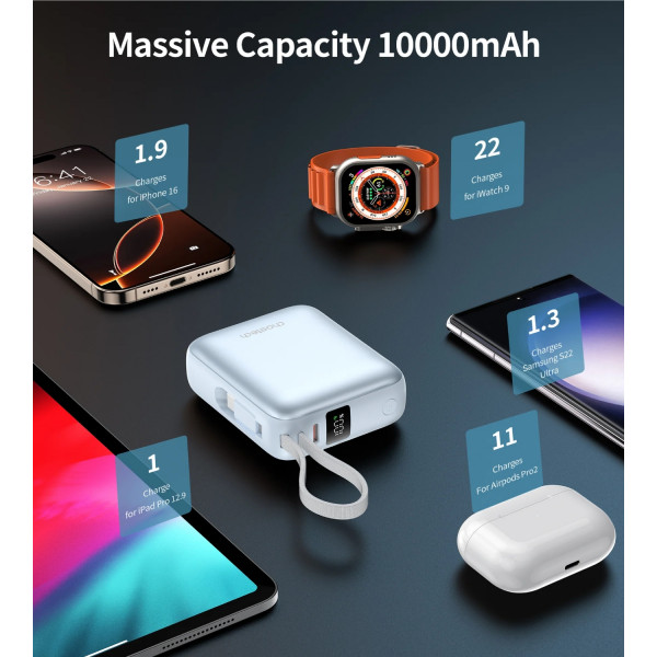 УМБ Choetech 10000mAh 35W PD3.0 USB-C In/Out, with buid-in type-C cabel голуба