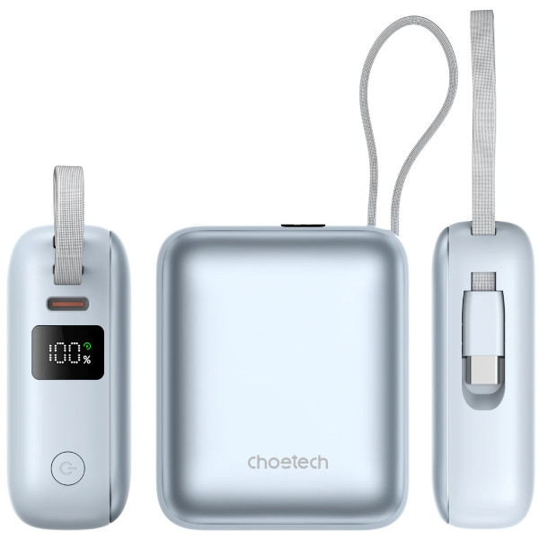 УМБ Choetech 10000mAh 35W PD3.0 USB-C In/Out, with buid-in type-C cabel голуба