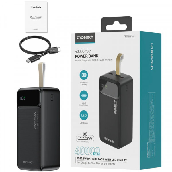 УМБ Choetech 40000mAh, 22,5W PD QC3.0, USB-C In/out, 2xUSB-A Li-pol чорна