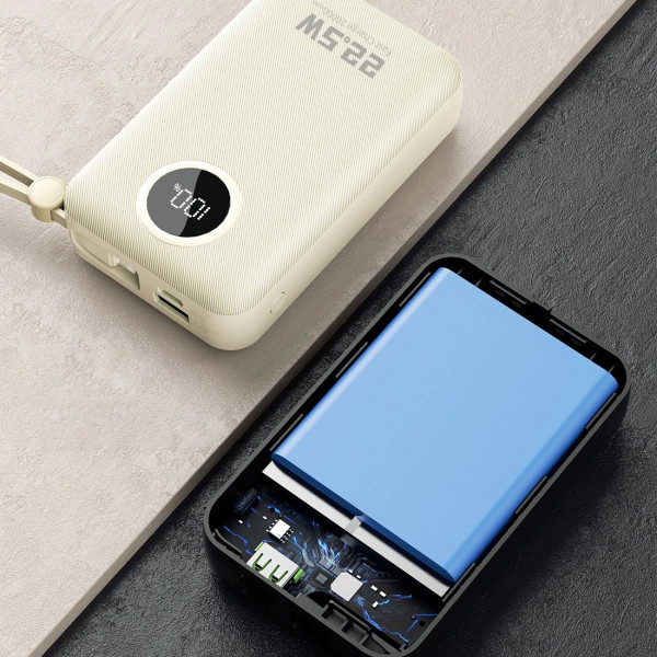 УМБ Dudao 20000mAh K14+ 22,5W PD,QC USB-A,USB-C In/Out,with built-in USB-C/Lightning cables White