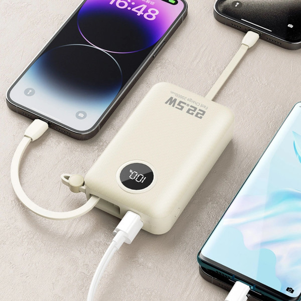 УМБ Dudao 20000mAh K14+ 22,5W PD,QC USB-A,USB-C In/Out,with built-in USB-C/Lightning cables White