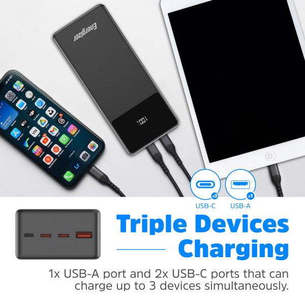 УМБ Energizer 27000 mAh 65W PD,QC3.0 USB-А, 2хUSB-C, Micro-USB, LCD display, Black