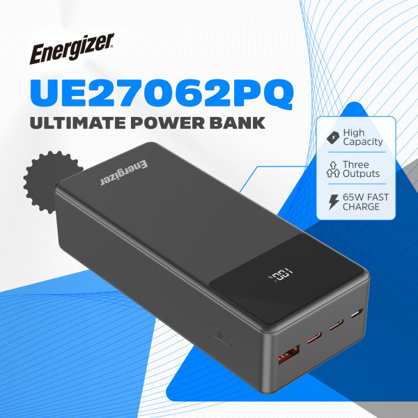 УМБ Energizer 27000 mAh 65W PD,QC3.0 USB-А, 2хUSB-C, Micro-USB, LCD display, Black