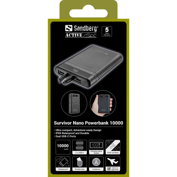 УМБ Sandberg 10000mAh 20W PD Survivor Nano Powerbank 2xUSB-C IN/OUT, IPX8