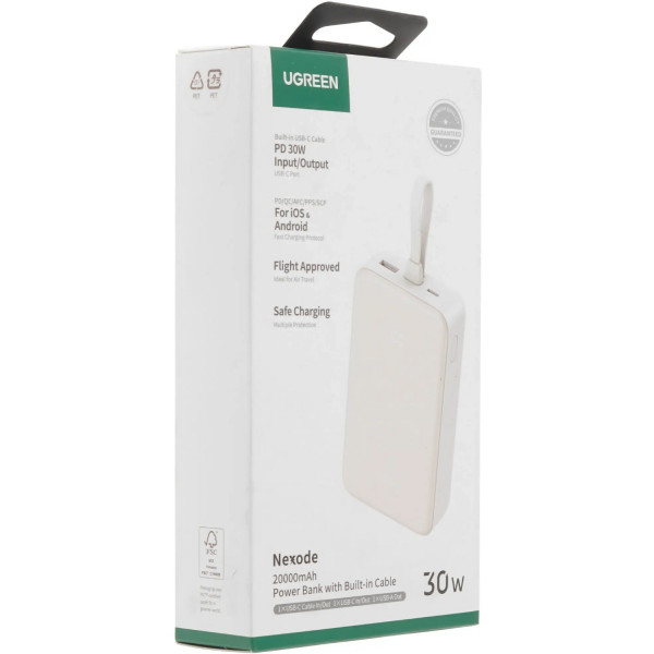 УМБ Ugreen 20000 mAh 30W PD3.0/QC3.0 USB-A,USB-С IN/OUT, with build-in USB-C Cable (PB521) бежевий