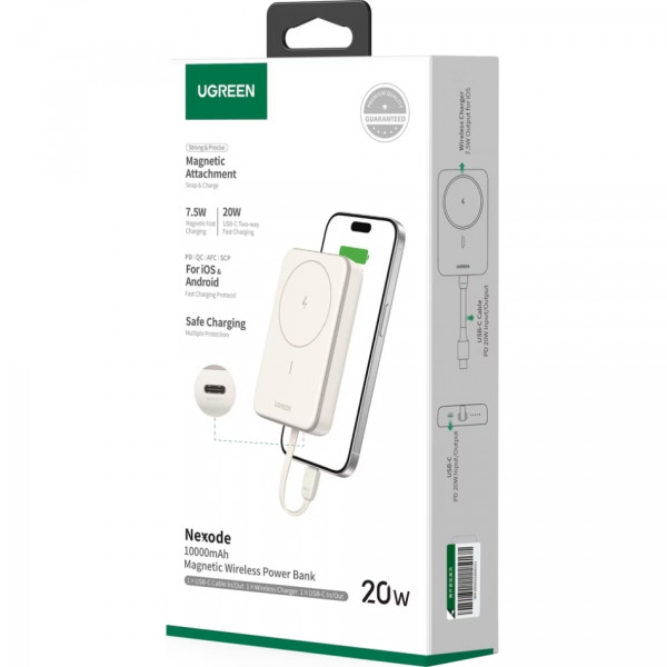 УМБ Ugreen Magnetic Wireless 10000 mAh 20W Build-in USB-C Cable (PB760) білий