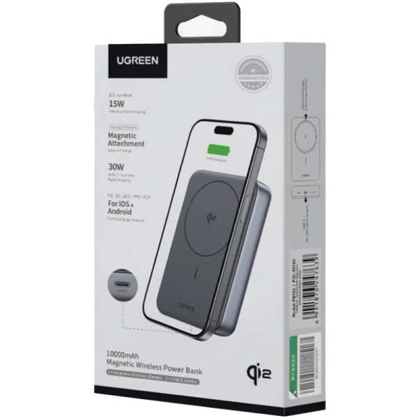 УМБ Ugreen Magnetic Wireless 10000mAh 30W QI2 USB-C In/Out (PB761) Black
