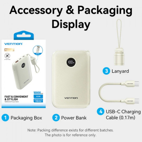УМБ Vention 10000mAh 22,5W Fast Charging, USB-A, 2xUSB-C, with built-in USB-C cable, Beige