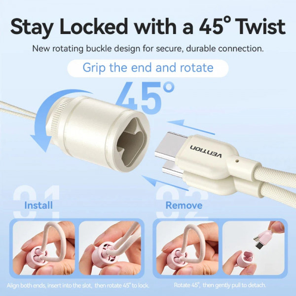 УМБ Vention 10000mAh 22,5W Fast Charging, USB-A, 2xUSB-C, with built-in USB-C cable, Beige