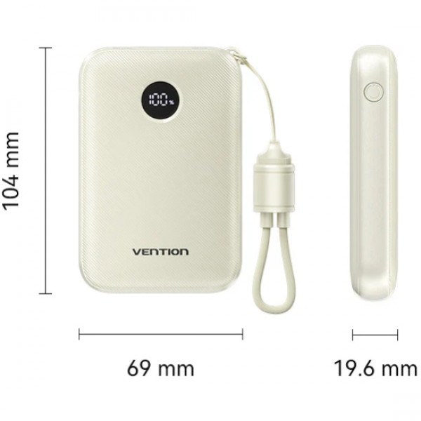 УМБ Vention 10000mAh 22,5W Fast Charging, USB-A, 2xUSB-C, with built-in USB-C cable, Beige