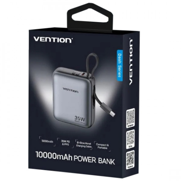 УМБ Vention 10000mAh 35W 3A PD,Fast Charging,2хType-C OUT,with Built-in USB-C Cable,LED Display,Gray