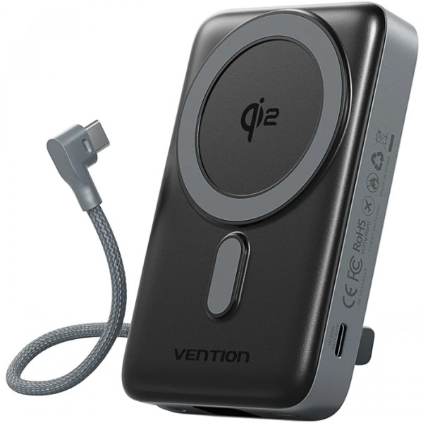 УМБ Vention Magnetic Wireless 10000mAh 35W PD USB-C In/Out, with built-in USB-C cable, QI-2 15W Gray