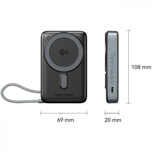УМБ Vention Magnetic Wireless 10000mAh 35W PD USB-C In/Out, with built-in USB-C cable, QI-2 15W Gray