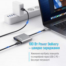 USB хаб (док-станція) СolorWay USB-C 3-в-1 Type C PD 100W/USB3.0/HDMI 4К