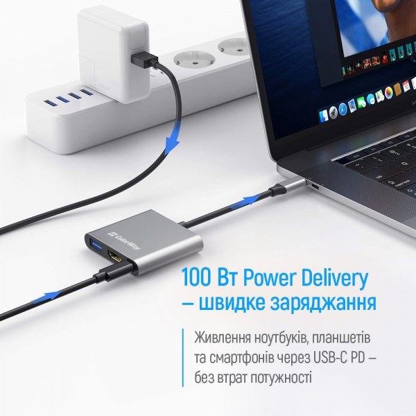 USB хаб (док-станція) СolorWay USB-C 3-в-1 Type C PD 100W/USB3.0/HDMI 4К