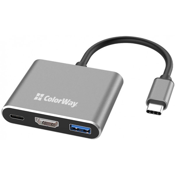 USB хаб (док-станція) СolorWay USB-C 3-в-1 Type C PD 100W/USB3.0/HDMI 4К