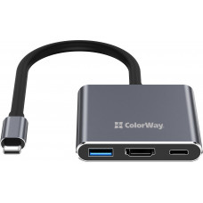 USB хаб (док-станція) СolorWay USB-C 3-в-1 Type C PD 100W/USB3.0/HDMI 4К