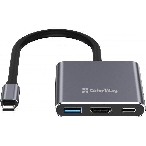 USB хаб (док-станція) СolorWay USB-C 3-в-1 Type C PD 100W/USB3.0/HDMI 4К
