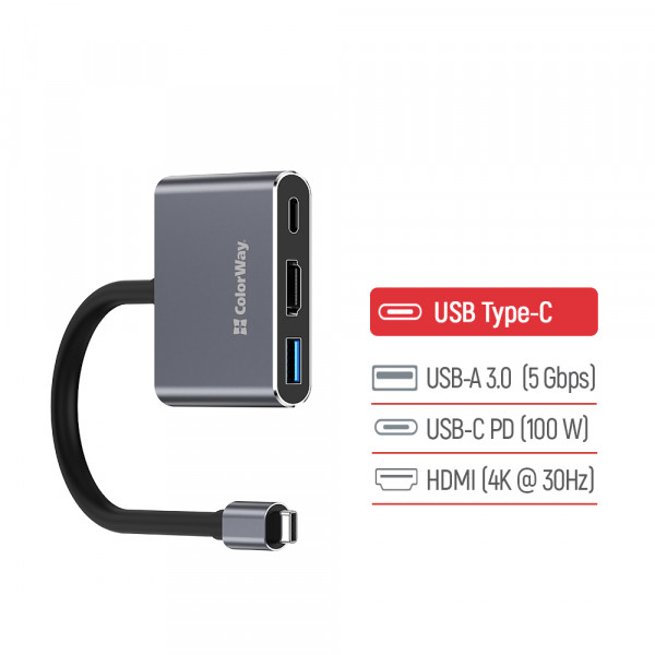 USB хаб (док-станція) СolorWay USB-C 3-в-1 Type C PD 100W/USB3.0/HDMI 4К