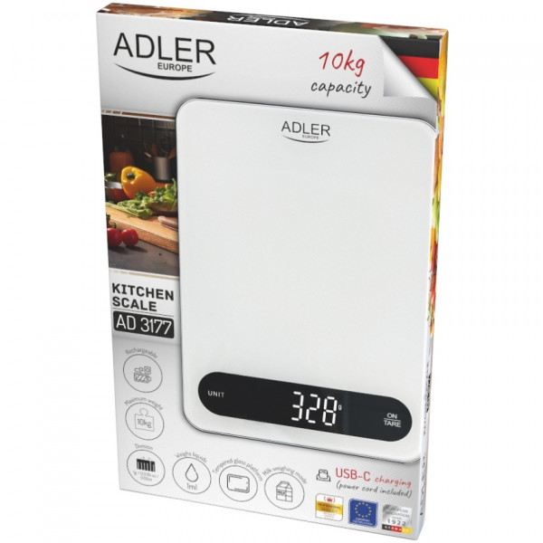 Ваги кухонні Adler AD 3177 white black електронні/ 10кг/ г; мл, унція/ USB type C/ автовимкнення