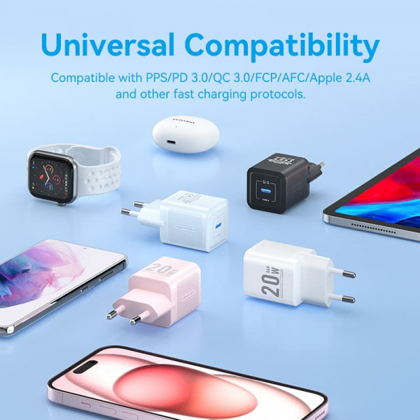 Зарядний пристрій 1xUSB-C 20W PD чорний Vention