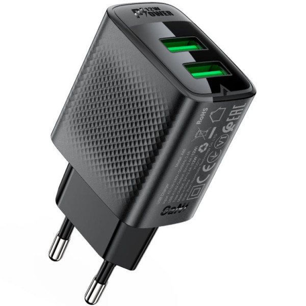 Зарядний пристрій 2xUSB 12W (2xUSB-A) A86 Black Acefast