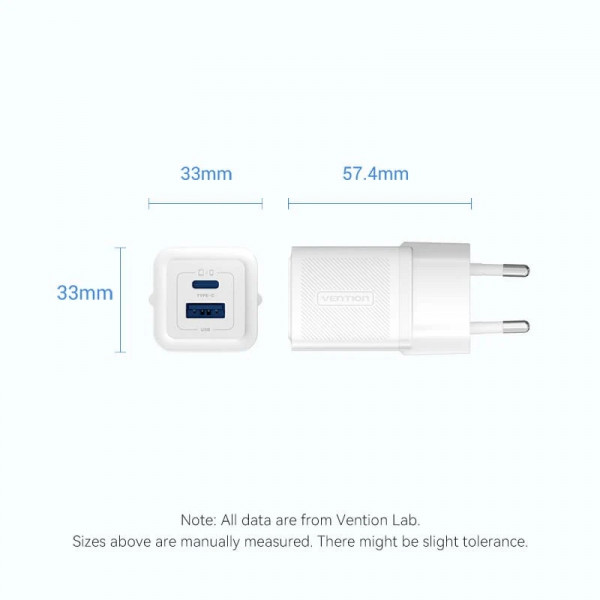 Зарядний пристрій 2xUSB 30W (USB-A/USB-C) + USB-C cable М-М White Vention