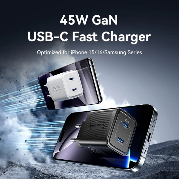 Зарядний пристрій 2xUSB-С 45W GaN білий Vention