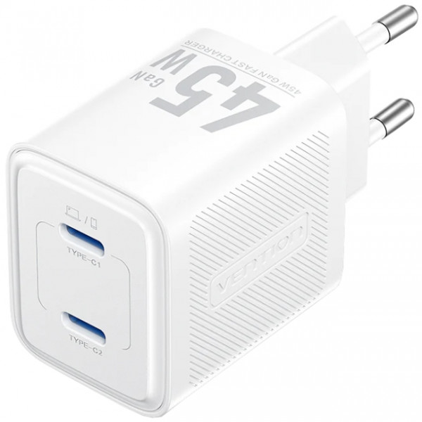 Зарядний пристрій 2xUSB-С 45W GaN білий Vention