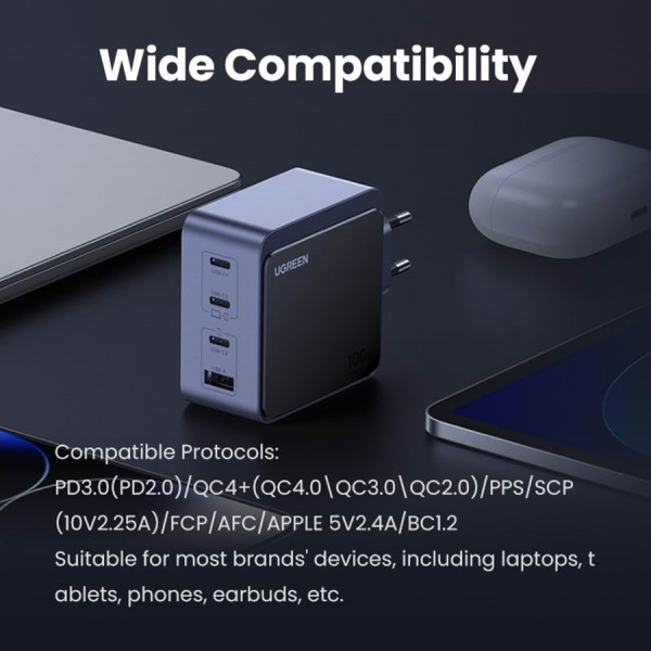 Зарядний пристрій 4xUSB 100W (3xUSB-C+USB-A) Gan Nexode Fast Charger Сірий X565 Ugreen