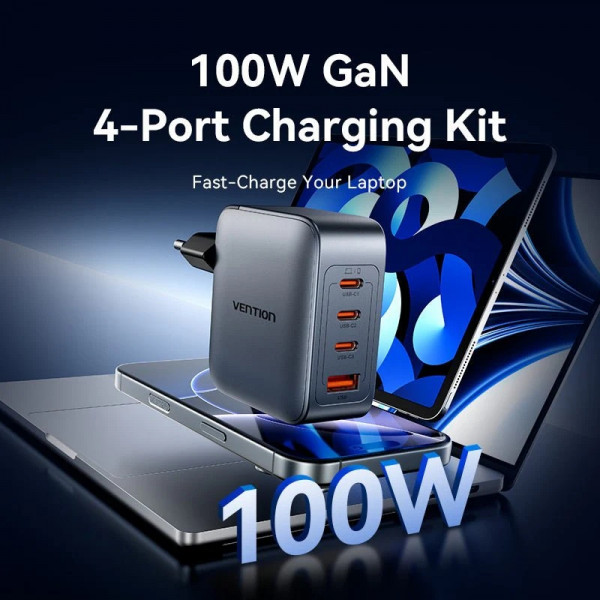 Зарядний пристрій 4xUSB 100W GaN (3хUSB-C+USB-A) + USB-C cable М-М Black Vention