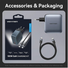 Зарядний пристрій 4xUSB 100W GaN (3хUSB-C+USB-A) + USB-C cable М-М Black Vention